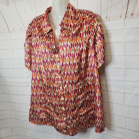 Pretty Lane Bryant Orange Print Satin Button Down Blouse womens Plus 2XL Top - Picture 2 of 6
